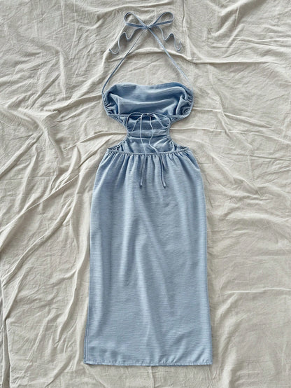 Soleia Light Blue,Summer,Casual,Holiday,Vacation,Holiday,Hollow Out Back Tie-Up Long Dress,Draped Neck,Waist Tie,High Split,No Chest Padding