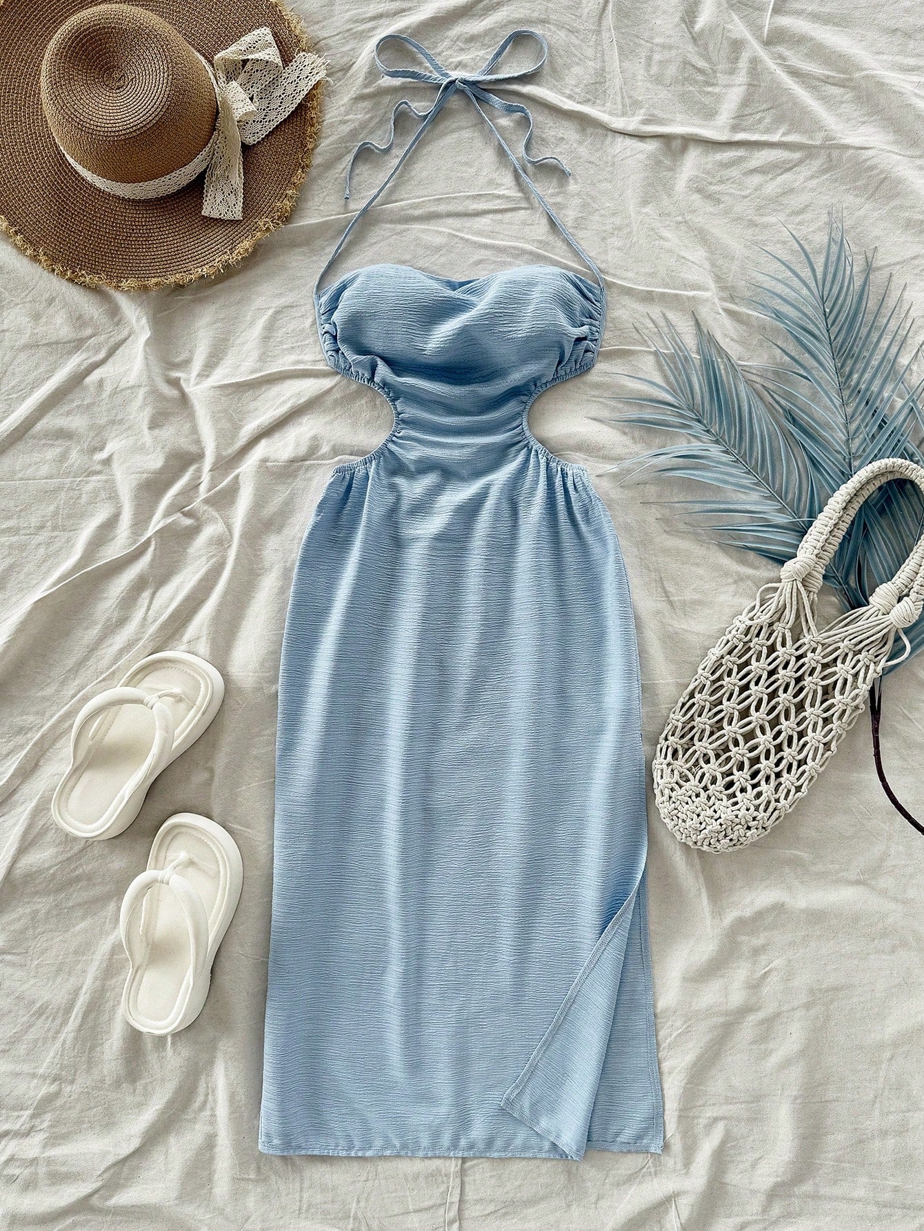 Soleia Light Blue,Summer,Casual,Holiday,Vacation,Holiday,Hollow Out Back Tie-Up Long Dress,Draped Neck,Waist Tie,High Split,No Chest Padding