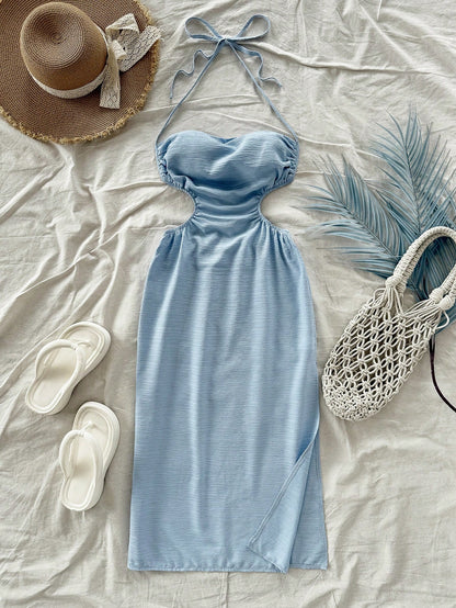 Soleia Light Blue,Summer,Casual,Holiday,Vacation,Holiday,Hollow Out Back Tie-Up Long Dress,Draped Neck,Waist Tie,High Split,No Chest Padding