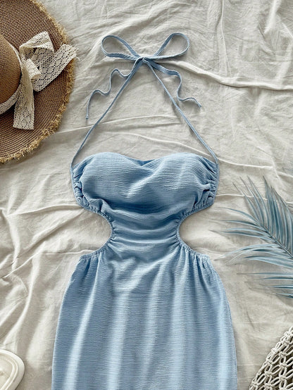 Soleia Light Blue,Summer,Casual,Holiday,Vacation,Holiday,Hollow Out Back Tie-Up Long Dress,Draped Neck,Waist Tie,High Split,No Chest Padding