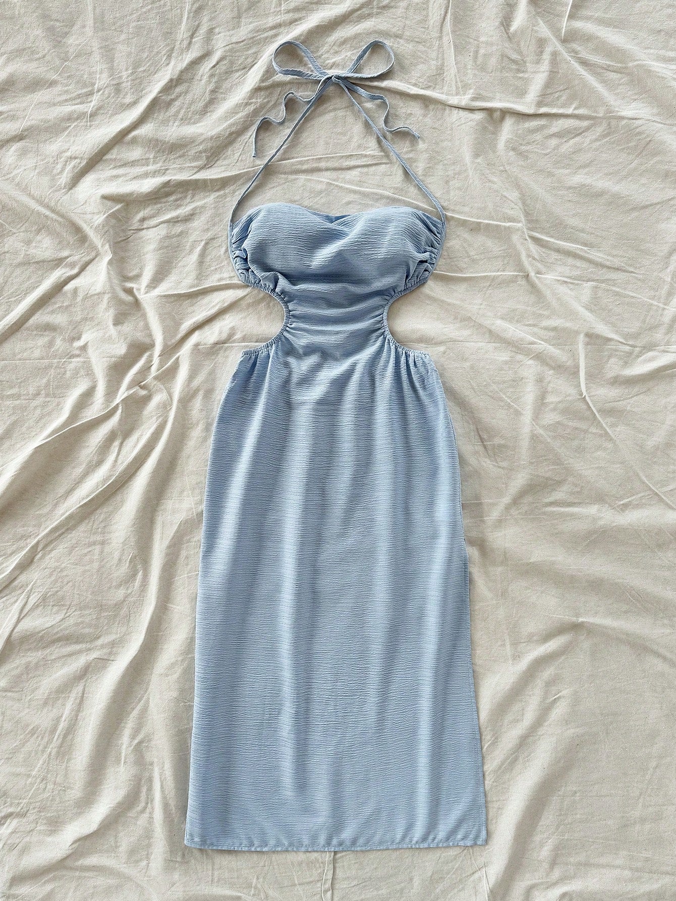 Soleia Light Blue,Summer,Casual,Holiday,Vacation,Holiday,Hollow Out Back Tie-Up Long Dress,Draped Neck,Waist Tie,High Split,No Chest Padding