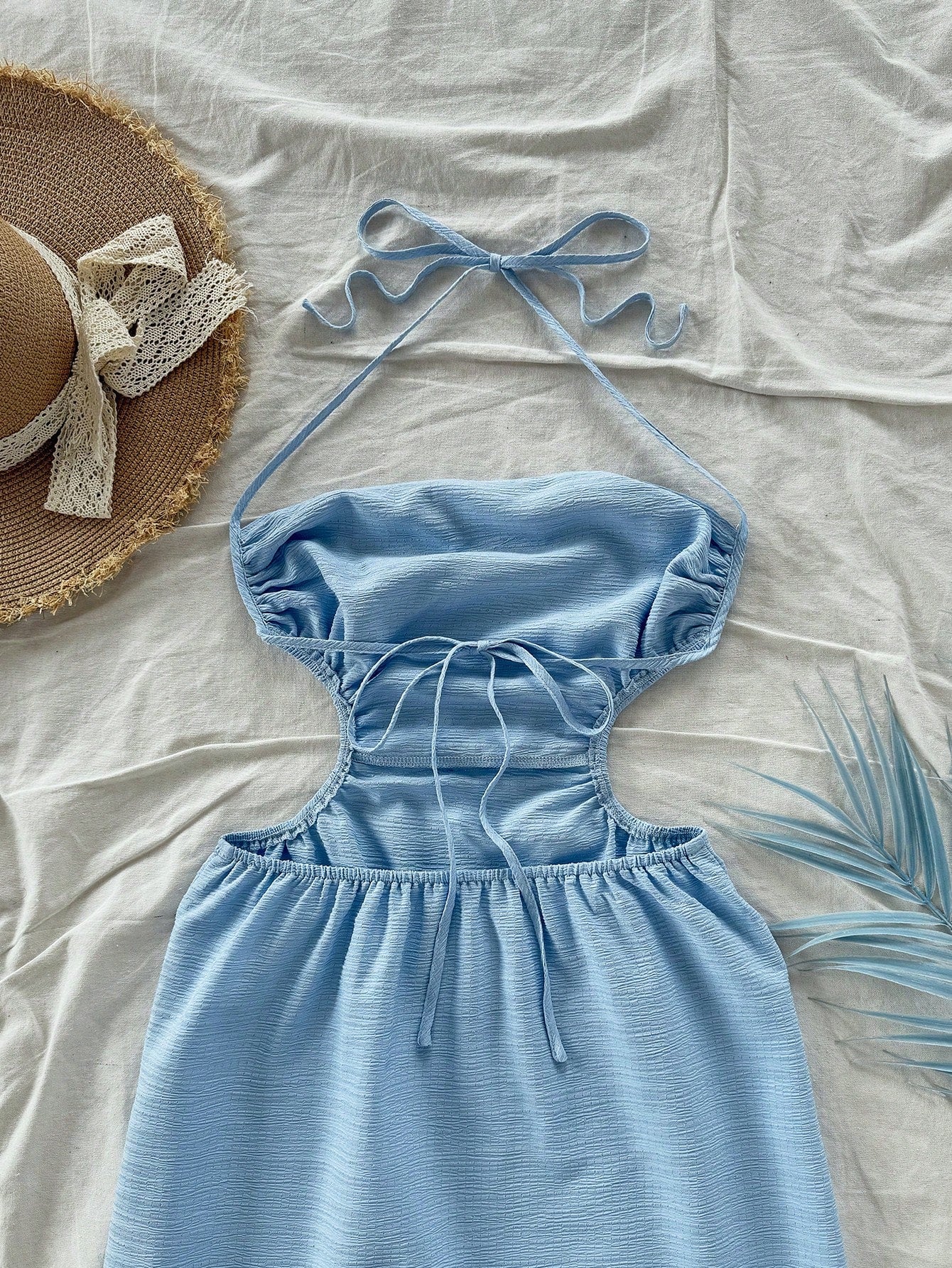 Soleia Light Blue,Summer,Casual,Holiday,Vacation,Holiday,Hollow Out Back Tie-Up Long Dress,Draped Neck,Waist Tie,High Split,No Chest Padding