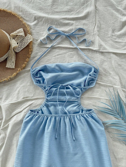 Soleia Light Blue,Summer,Casual,Holiday,Vacation,Holiday,Hollow Out Back Tie-Up Long Dress,Draped Neck,Waist Tie,High Split,No Chest Padding