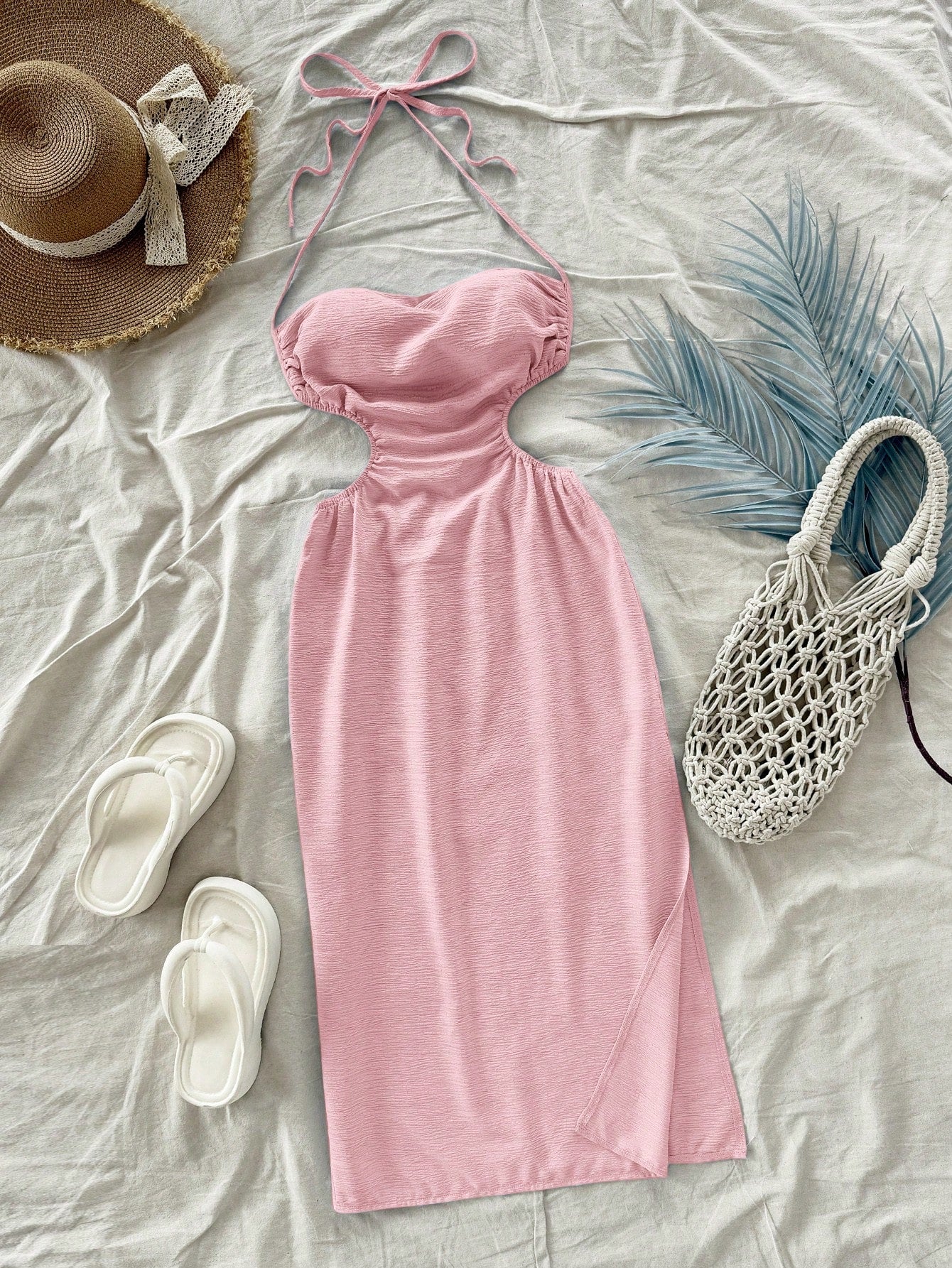 Soleia Light Blue,Summer,Casual,Holiday,Vacation,Holiday,Hollow Out Back Tie-Up Long Dress,Draped Neck,Waist Tie,High Split,No Chest Padding