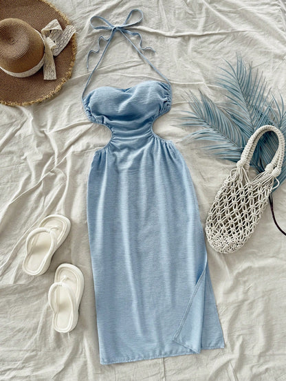 Soleia Light Blue,Summer,Casual,Holiday,Vacation,Holiday,Hollow Out Back Tie-Up Long Dress,Draped Neck,Waist Tie,High Split,No Chest Padding