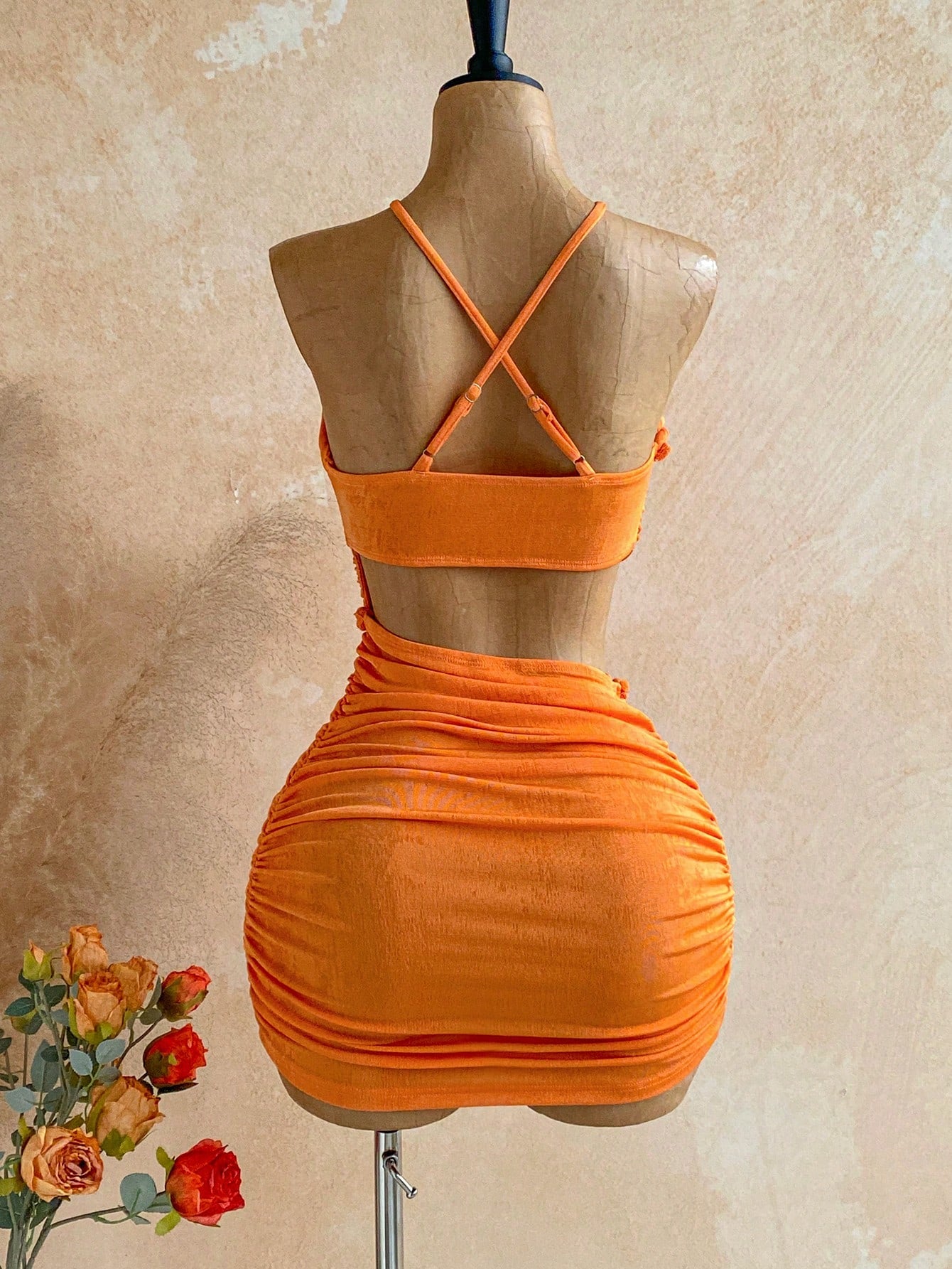 Soleia New Knitted Textured Linen Rope Hollow Out Ruched Mini Dress Bohemian Sexy Boho Vacation Fall Women Clothes Vintage Summer Beach Club Orange