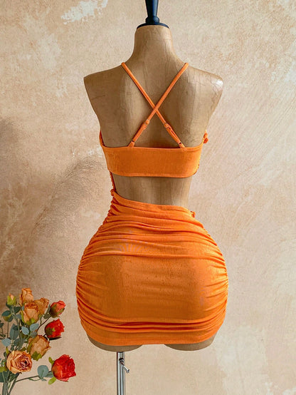 Soleia New Knitted Textured Linen Rope Hollow Out Ruched Mini Dress Bohemian Sexy Boho Vacation Fall Women Clothes Vintage Summer Beach Club Orange