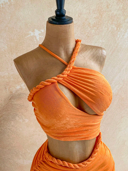 Soleia New Knitted Textured Linen Rope Hollow Out Ruched Mini Dress Bohemian Sexy Boho Vacation Fall Women Clothes Vintage Summer Beach Club Orange