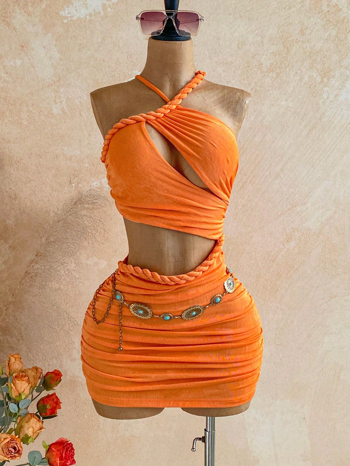 Soleia New Knitted Textured Linen Rope Hollow Out Ruched Mini Dress Bohemian Sexy Boho Vacation Fall Women Clothes Vintage Summer Beach Club Orange