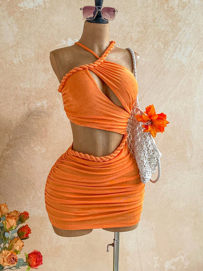 Soleia New Knitted Textured Linen Rope Hollow Out Ruched Mini Dress Bohemian Sexy Boho Vacation Fall Women Clothes Vintage Summer Beach Club Orange