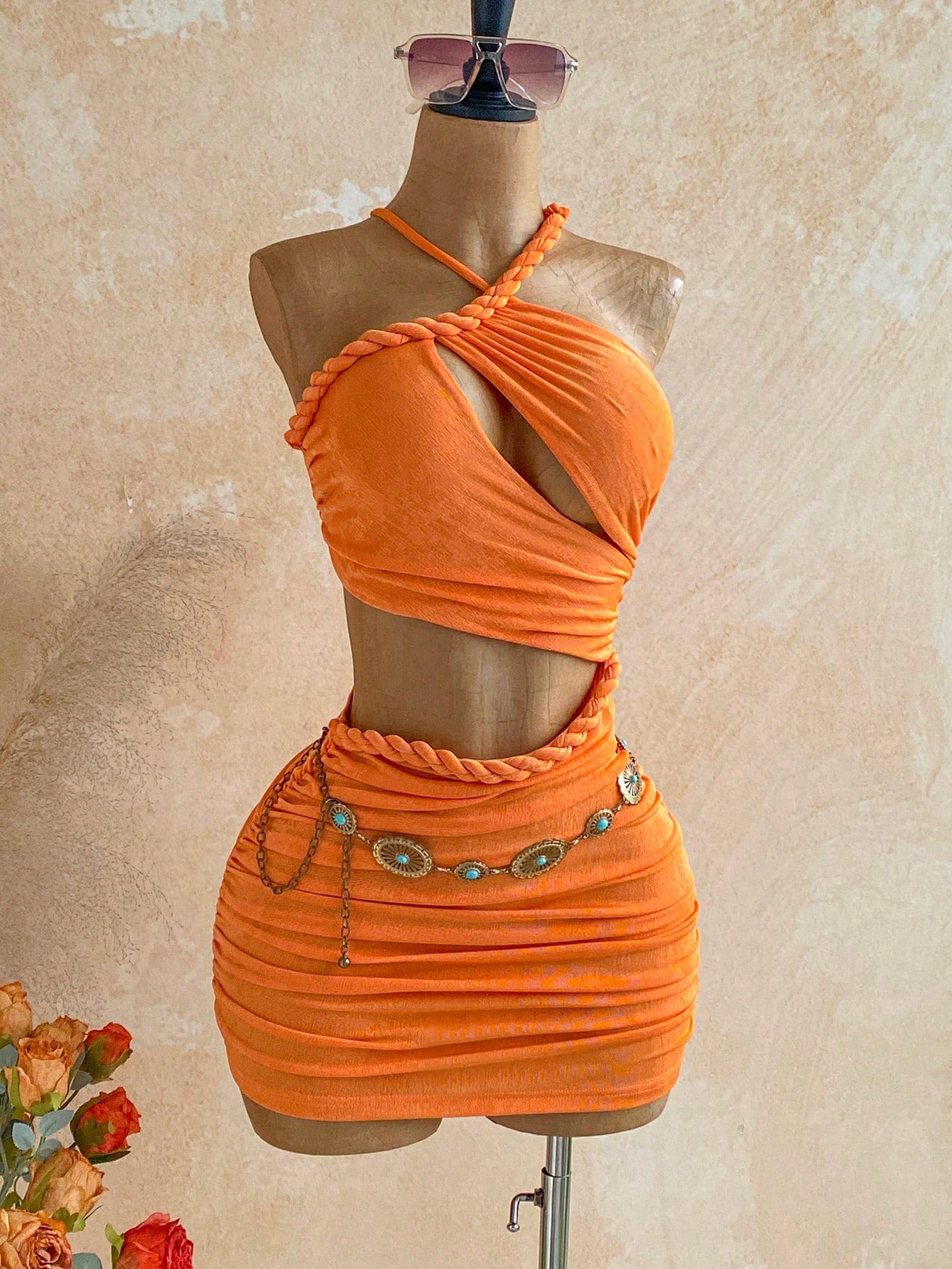 Soleia New Knitted Textured Linen Rope Hollow Out Ruched Mini Dress Bohemian Sexy Boho Vacation Fall Women Clothes Vintage Summer Beach Club Orange