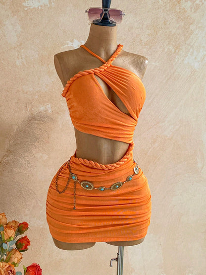 Soleia New Knitted Textured Linen Rope Hollow Out Ruched Mini Dress Bohemian Sexy Boho Vacation Fall Women Clothes Vintage Summer Beach Club Orange