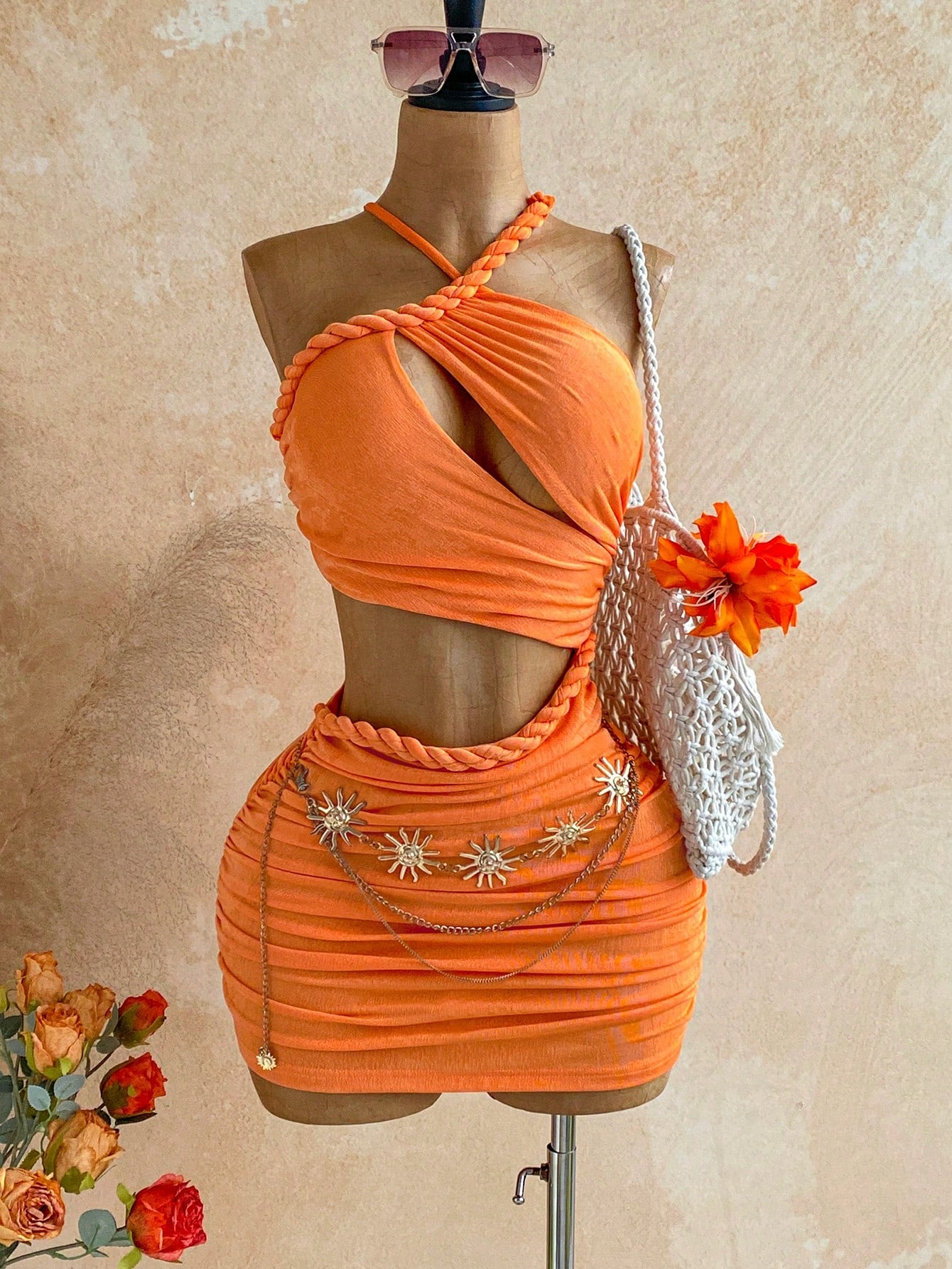 Soleia New Knitted Textured Linen Rope Hollow Out Ruched Mini Dress Bohemian Sexy Boho Vacation Fall Women Clothes Vintage Summer Beach Club Orange