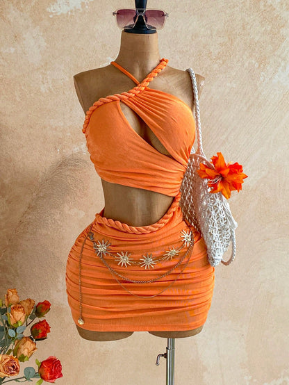 Soleia New Knitted Textured Linen Rope Hollow Out Ruched Mini Dress Bohemian Sexy Boho Vacation Fall Women Clothes Vintage Summer Beach Club Orange