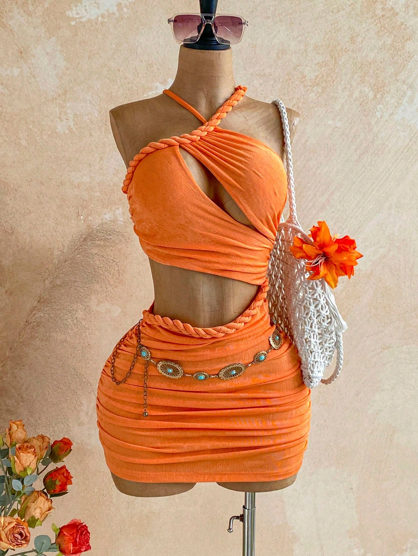 Soleia New Knitted Textured Linen Rope Hollow Out Ruched Mini Dress Bohemian Sexy Boho Vacation Fall Women Clothes Vintage Summer Beach Club Orange