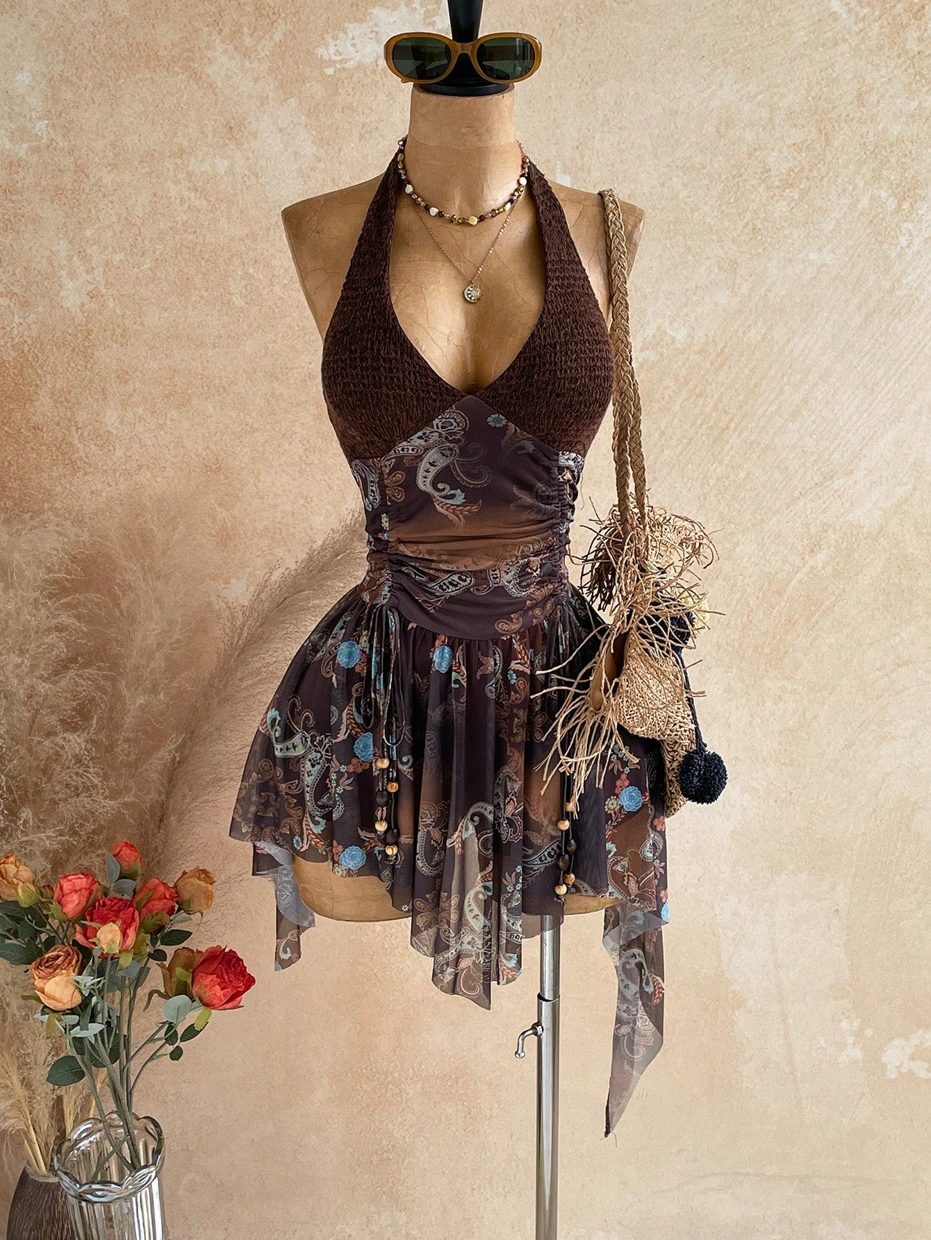 Soleia New Sexy Deep V Halter Neck Tie Waist Lace-Up Wooden Bead Embellished Asymmetrical Hem Mini Dress For Party Vacation Date Nightclub,No Chest Padding