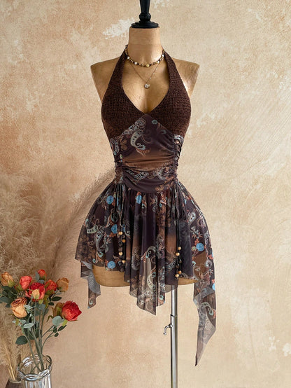 Soleia New Sexy Deep V Halter Neck Tie Waist Lace-Up Wooden Bead Embellished Asymmetrical Hem Mini Dress For Party Vacation Date Nightclub,No Chest Padding