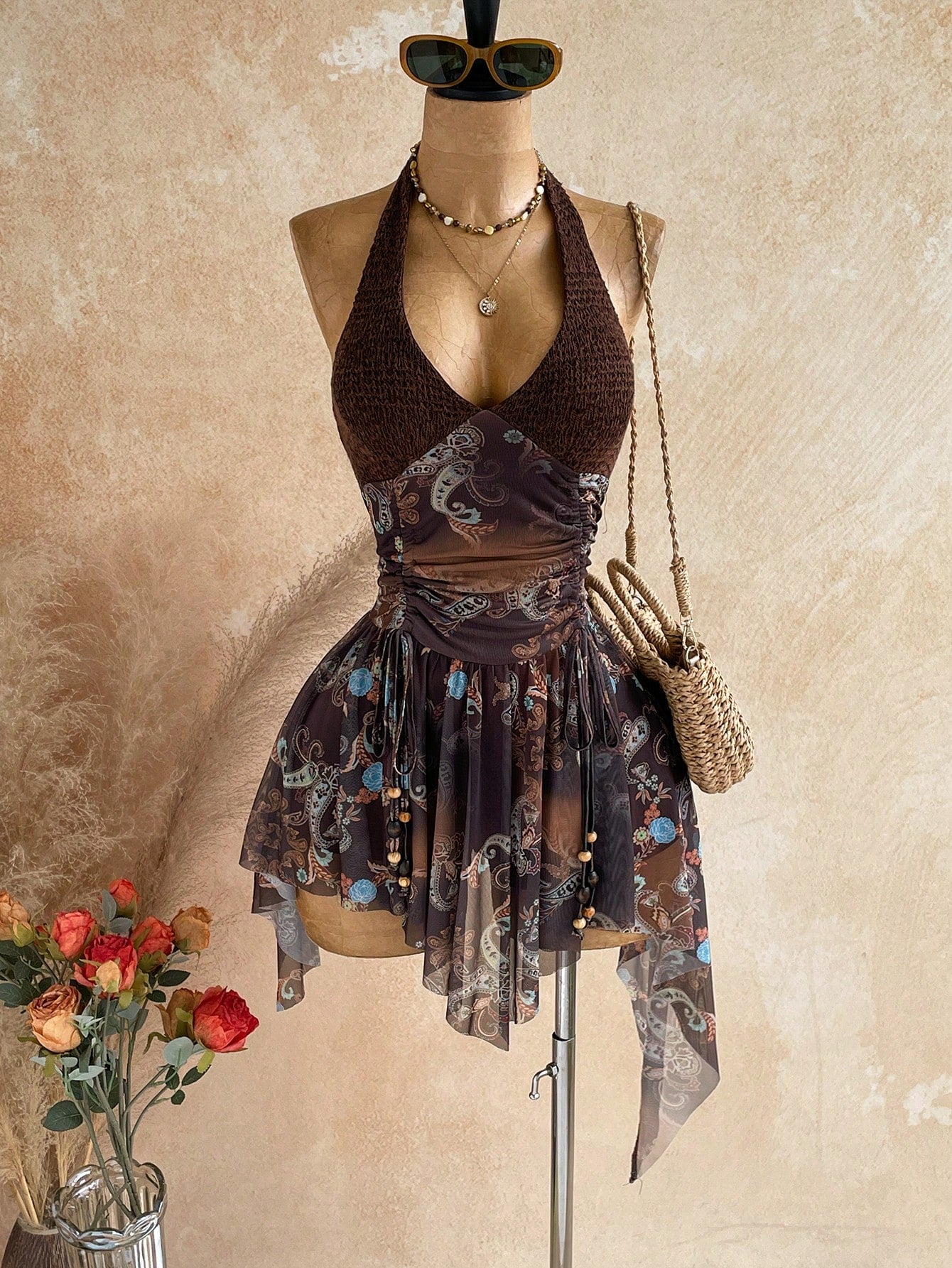 Soleia New Sexy Deep V Halter Neck Tie Waist Lace-Up Wooden Bead Embellished Asymmetrical Hem Mini Dress For Party Vacation Date Nightclub,No Chest Padding
