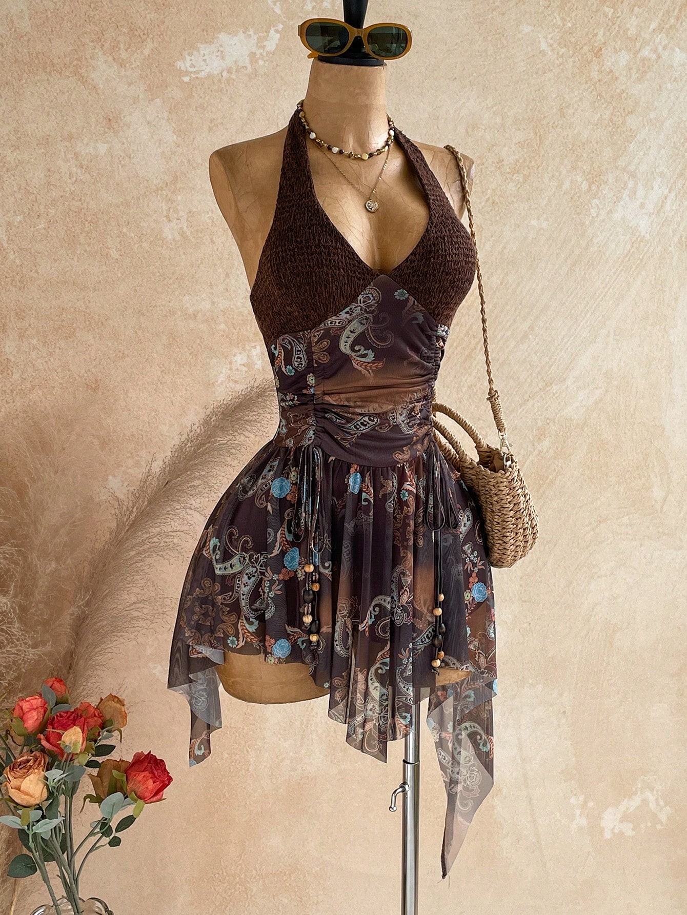 Soleia New Sexy Deep V Halter Neck Tie Waist Lace-Up Wooden Bead Embellished Asymmetrical Hem Mini Dress For Party Vacation Date Nightclub,No Chest Padding