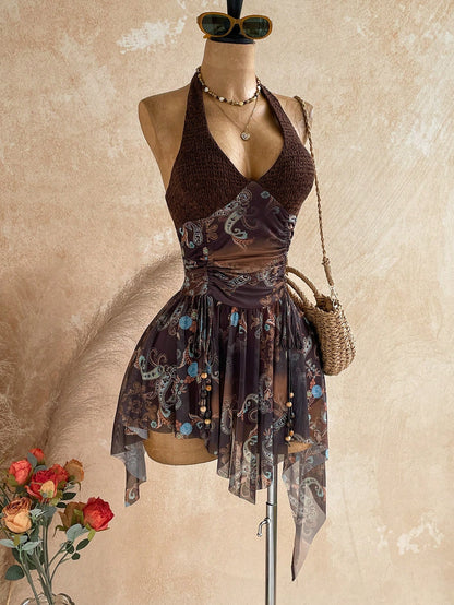 Soleia New Sexy Deep V Halter Neck Tie Waist Lace-Up Wooden Bead Embellished Asymmetrical Hem Mini Dress For Party Vacation Date Nightclub,No Chest Padding
