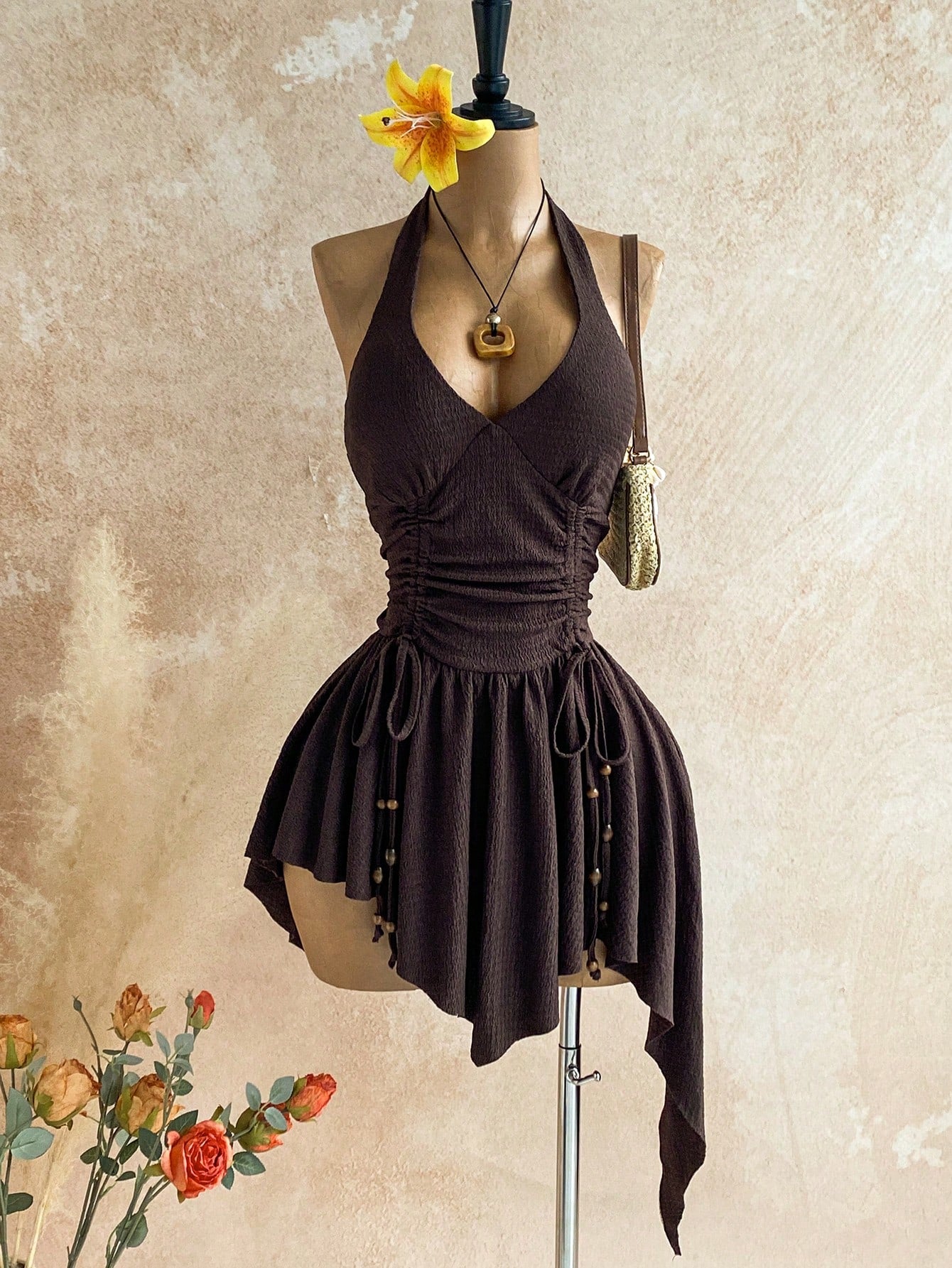Soleia New Sexy Deep V Halter Neck Tie Waist Lace-Up Wooden Bead Embellished Asymmetrical Hem Mini Dress For Party Vacation Date Nightclub,No Chest Padding