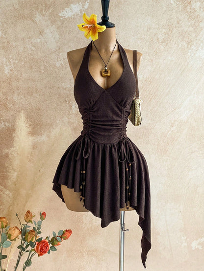 Soleia New Sexy Deep V Halter Neck Tie Waist Lace-Up Wooden Bead Embellished Asymmetrical Hem Mini Dress For Party Vacation Date Nightclub,No Chest Padding