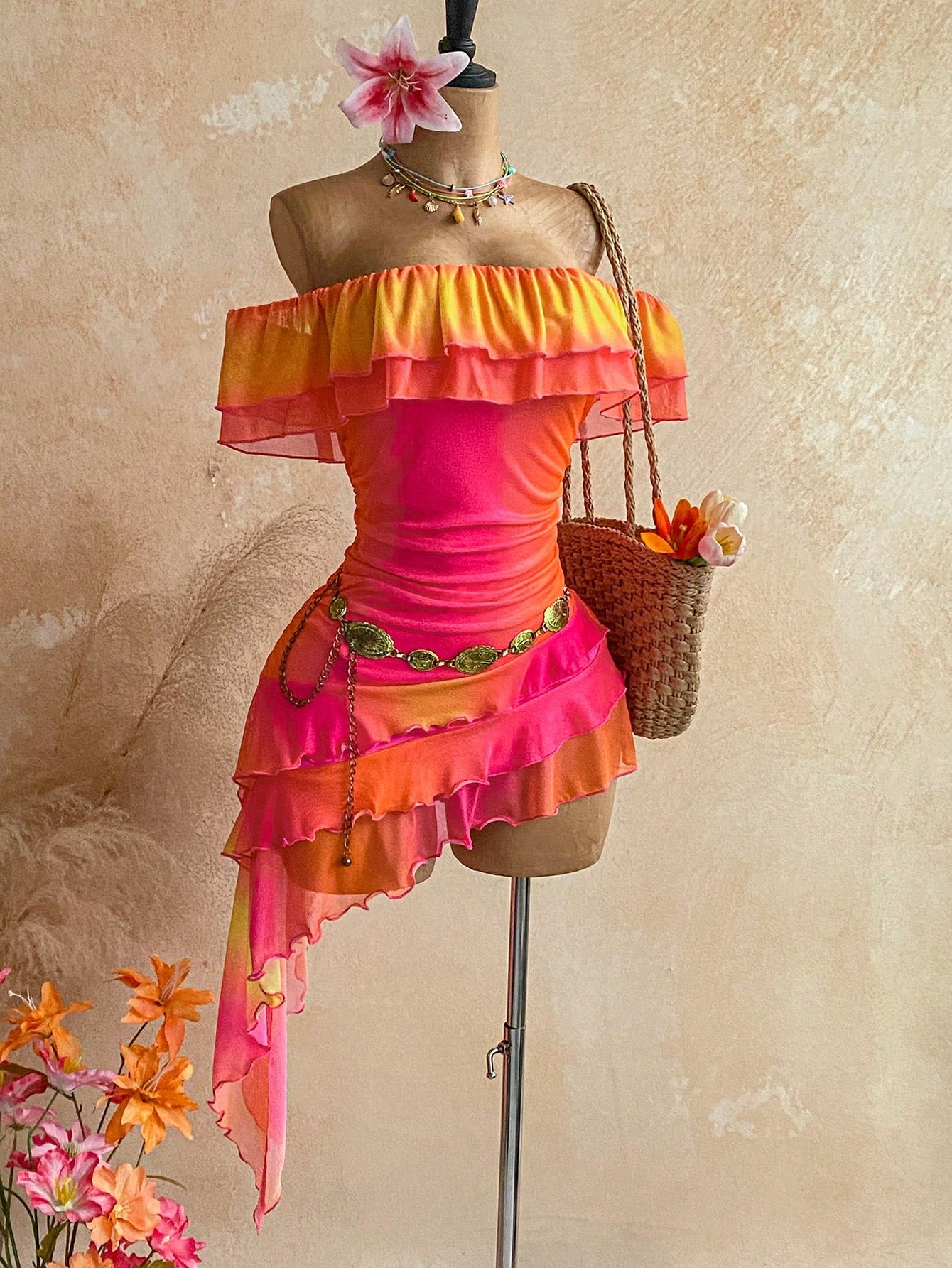 Soleia Pink And Orange Summer Boho Beach Holiday Dress,Knit Mesh Strapless Fitted Multilayer Ruffle Asymmetric Hem,Suitable For Garden Tea Party,Vacation