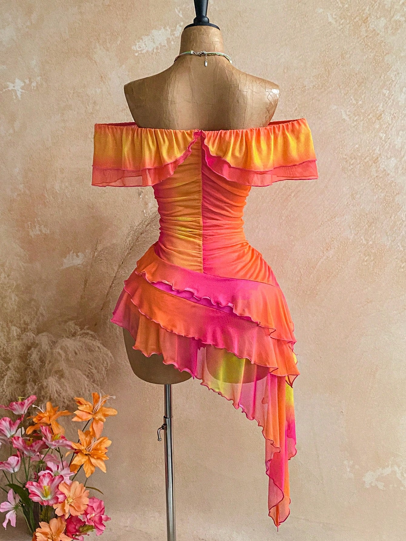 Soleia Pink And Orange Summer Boho Beach Holiday Dress,Knit Mesh Strapless Fitted Multilayer Ruffle Asymmetric Hem,Suitable For Garden Tea Party,Vacation