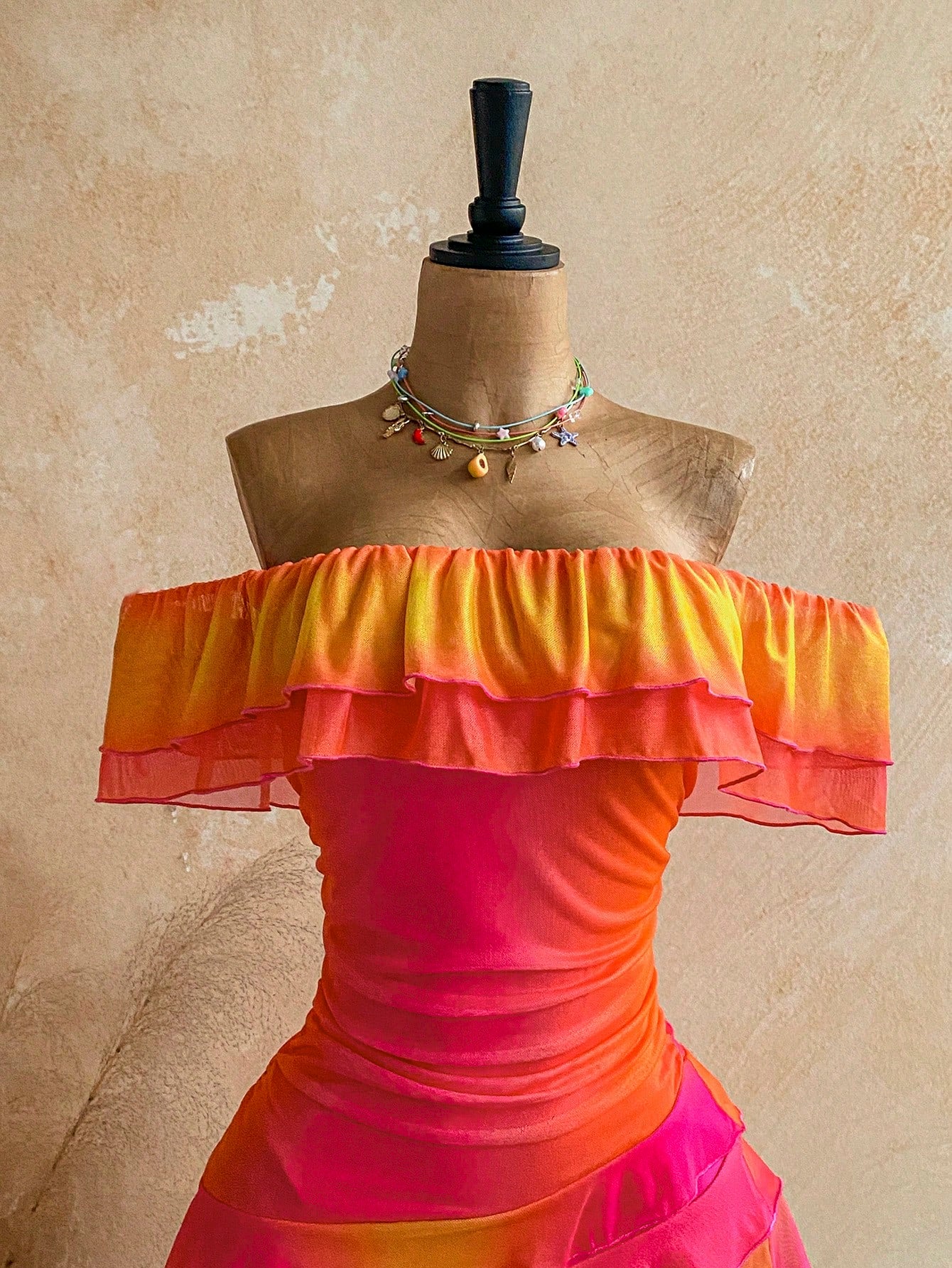 Soleia Pink And Orange Summer Boho Beach Holiday Dress,Knit Mesh Strapless Fitted Multilayer Ruffle Asymmetric Hem,Suitable For Garden Tea Party,Vacation