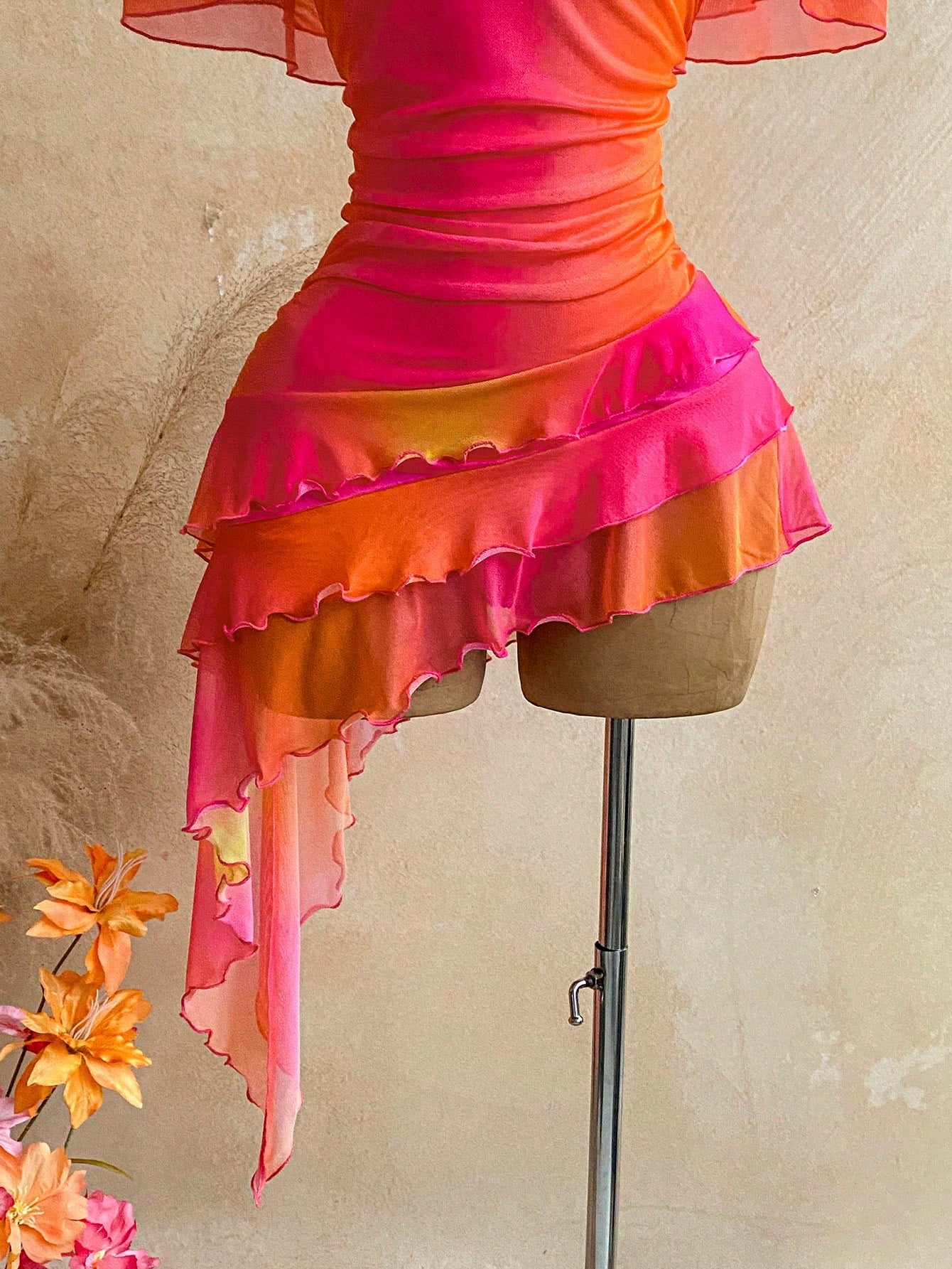 Soleia Pink And Orange Summer Boho Beach Holiday Dress,Knit Mesh Strapless Fitted Multilayer Ruffle Asymmetric Hem,Suitable For Garden Tea Party,Vacation
