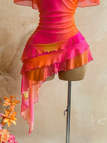 Soleia Pink And Orange Summer Boho Beach Holiday Dress,Knit Mesh Strapless Fitted Multilayer Ruffle Asymmetric Hem,Suitable For Garden Tea Party,Vacation