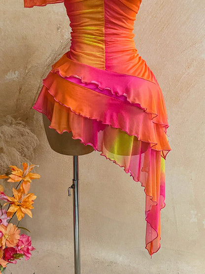 Soleia Pink And Orange Summer Boho Beach Holiday Dress,Knit Mesh Strapless Fitted Multilayer Ruffle Asymmetric Hem,Suitable For Garden Tea Party,Vacation