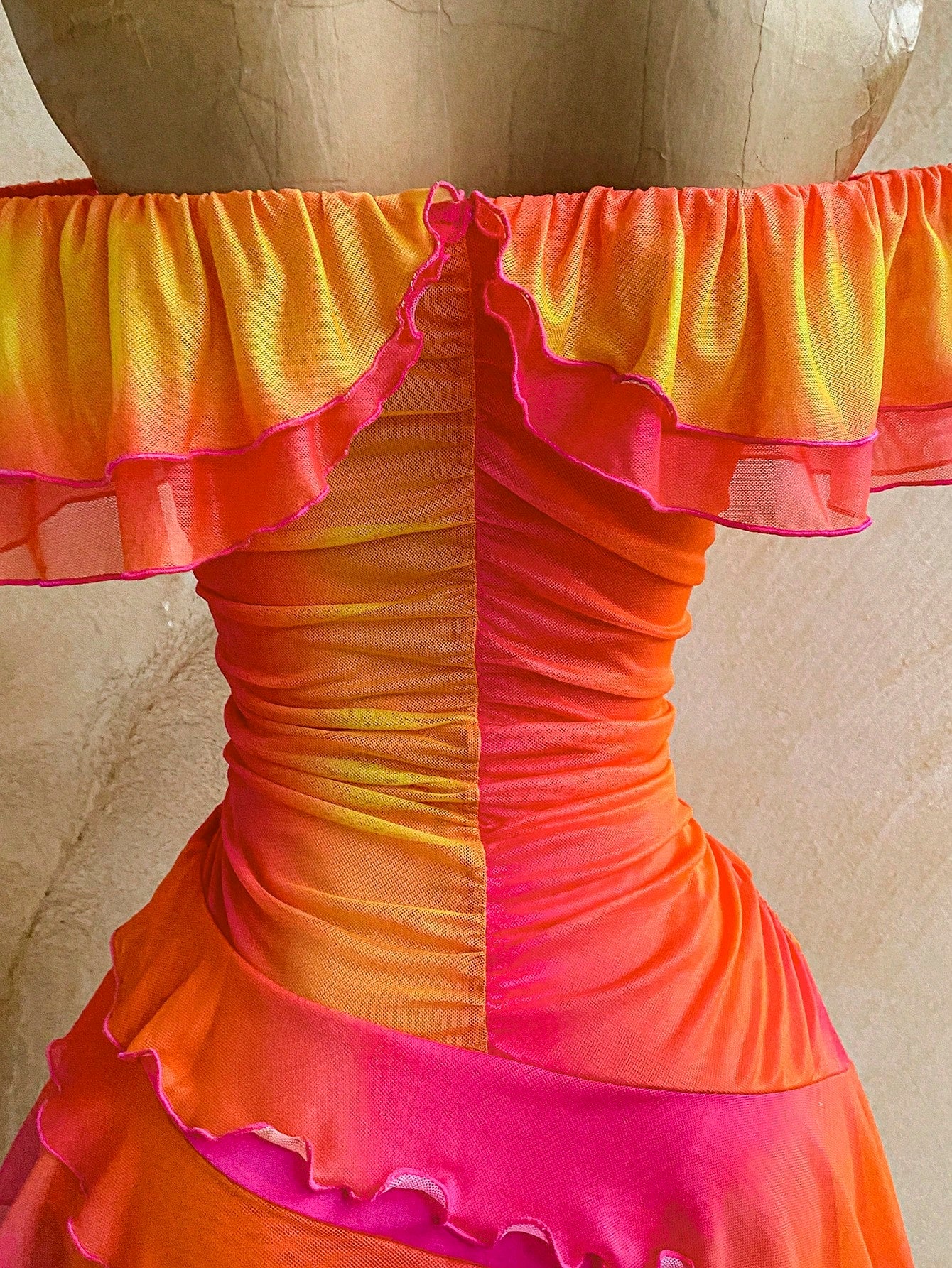 Soleia Pink And Orange Summer Boho Beach Holiday Dress,Knit Mesh Strapless Fitted Multilayer Ruffle Asymmetric Hem,Suitable For Garden Tea Party,Vacation