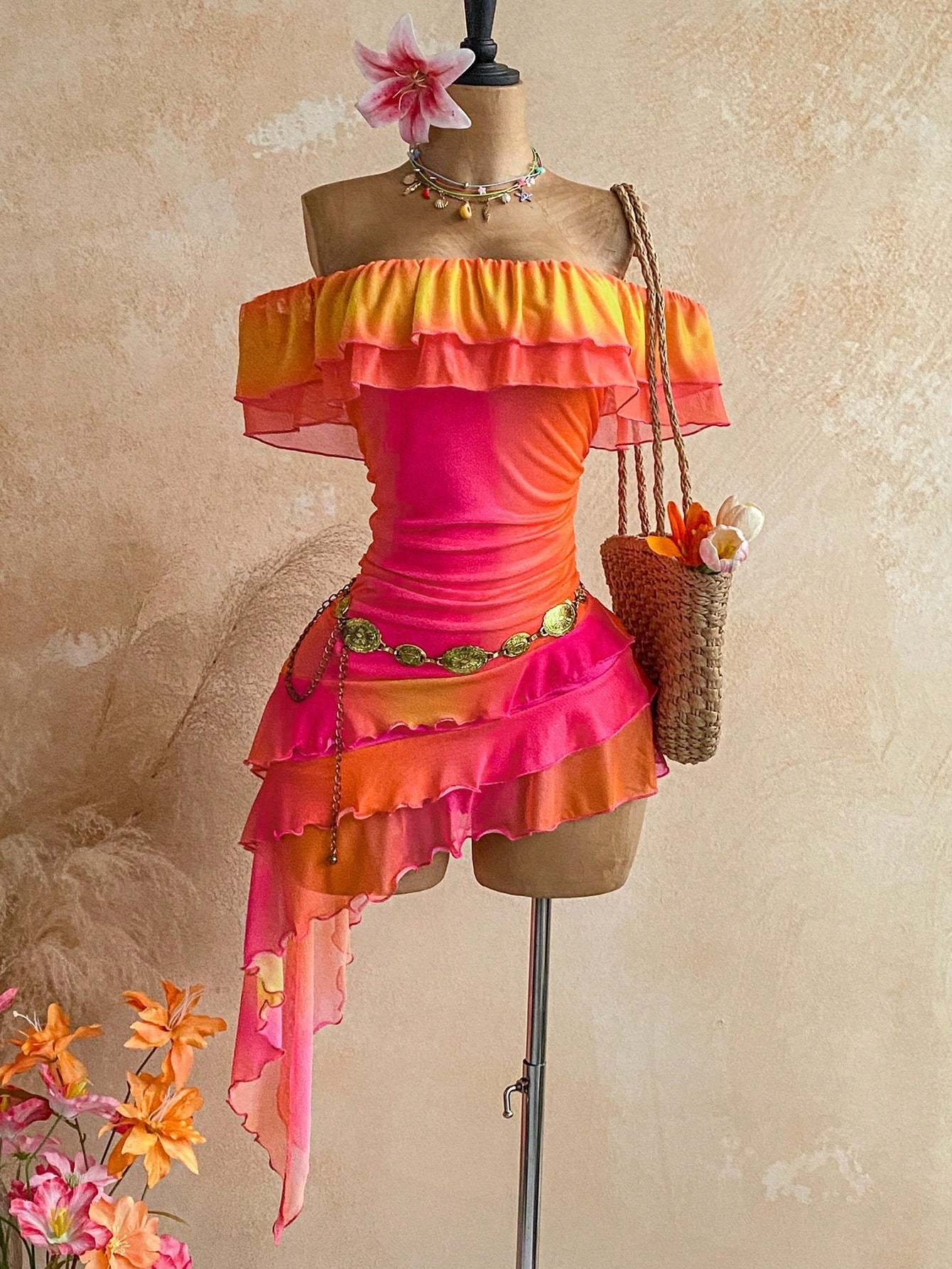 Soleia Pink And Orange Summer Boho Beach Holiday Dress,Knit Mesh Strapless Fitted Multilayer Ruffle Asymmetric Hem,Suitable For Garden Tea Party,Vacation