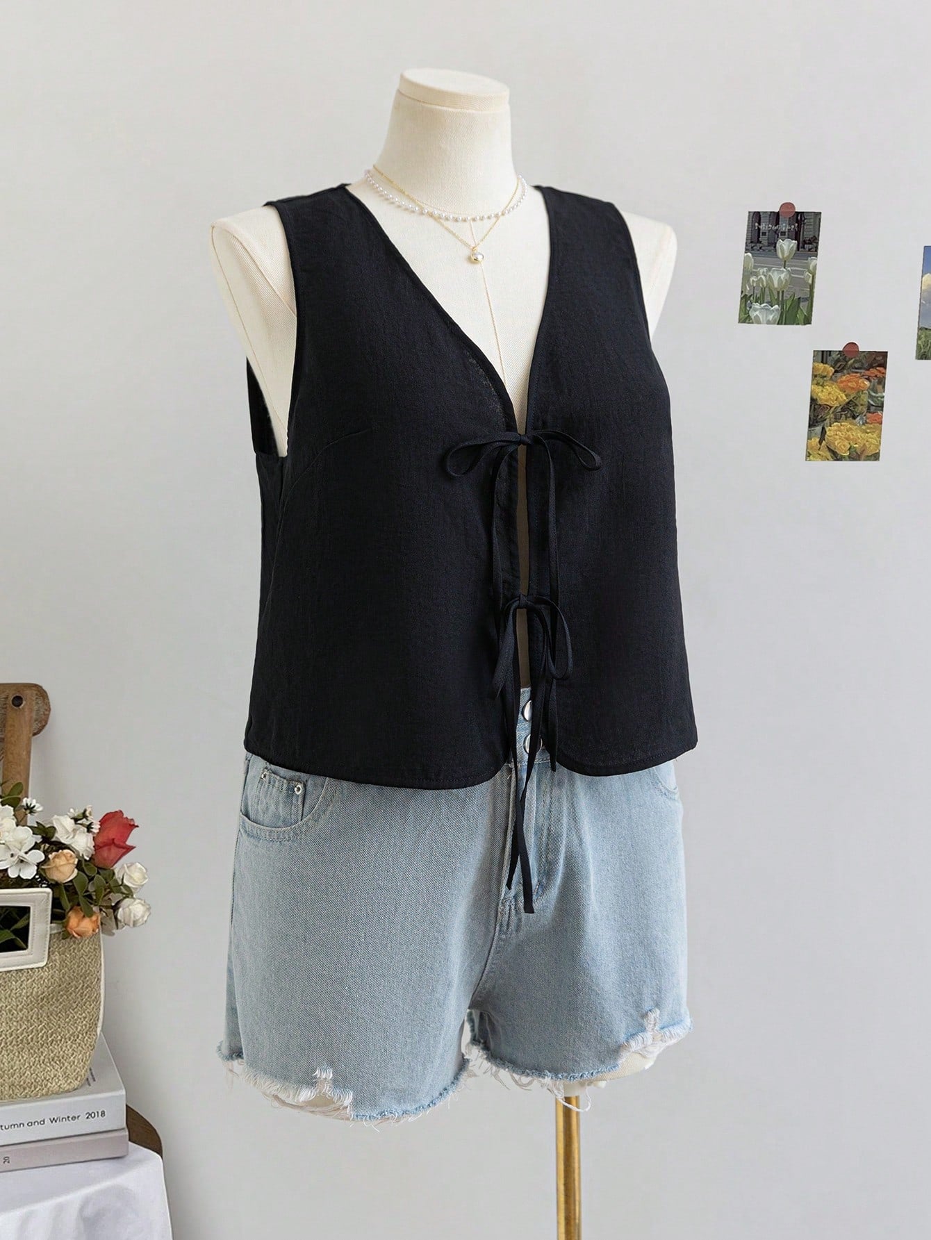 Soleia Plus Size Women Loose Sleeveless Top Jacket With V-Neck, Drawstring, Blue
