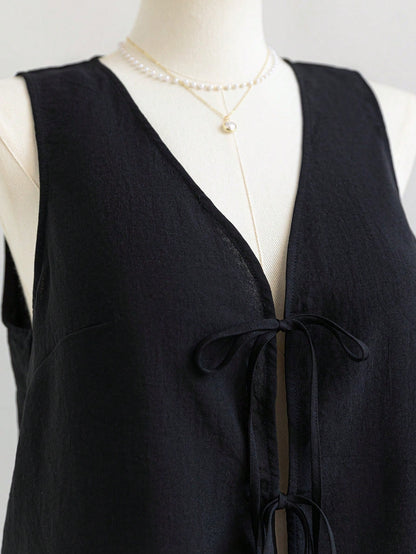 Soleia Plus Size Women Loose Sleeveless Top Jacket With V-Neck, Drawstring, Blue
