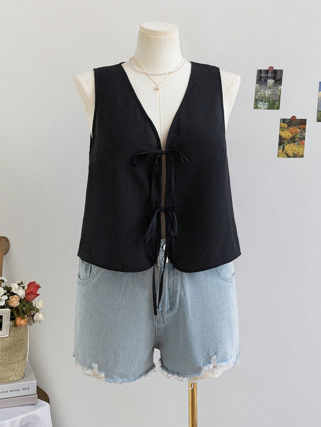 Soleia Plus Size Women Loose Sleeveless Top Jacket With V-Neck, Drawstring, Blue