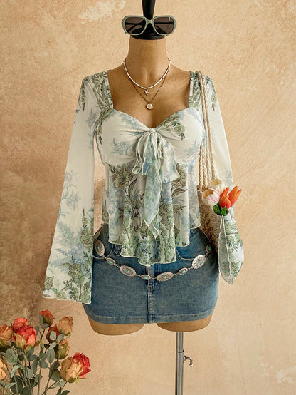 Soleia Plus Size Women's Vacation Casual Floral Print Tie Front Top