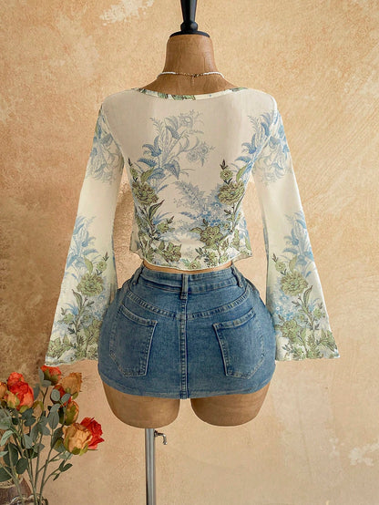 Soleia Plus Size Women's Vacation Casual Floral Print Tie Front Top