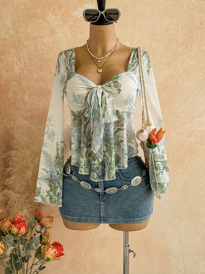 Soleia Plus Size Women's Vacation Casual Floral Print Tie Front Top