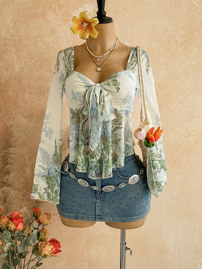 Soleia Plus Size Women's Vacation Casual Floral Print Tie Front Top
