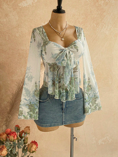 Soleia Plus Size Women's Vacation Casual Floral Print Tie Front Top
