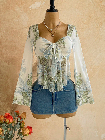 Soleia Plus Size Women's Vacation Casual Floral Print Tie Front Top