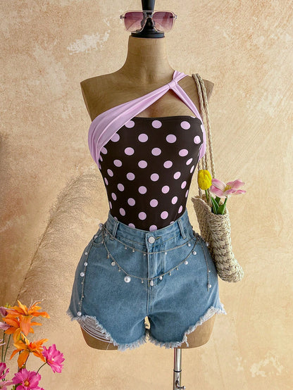 Soleia Polka Dot Summer Vacation Outfits Women Elegant Women's Beach Swimsuit Print Contrast Color One-Piece