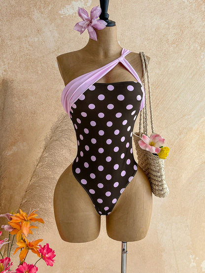 Soleia Polka Dot Summer Vacation Outfits Women Elegant Women's Beach Swimsuit Print Contrast Color One-Piece