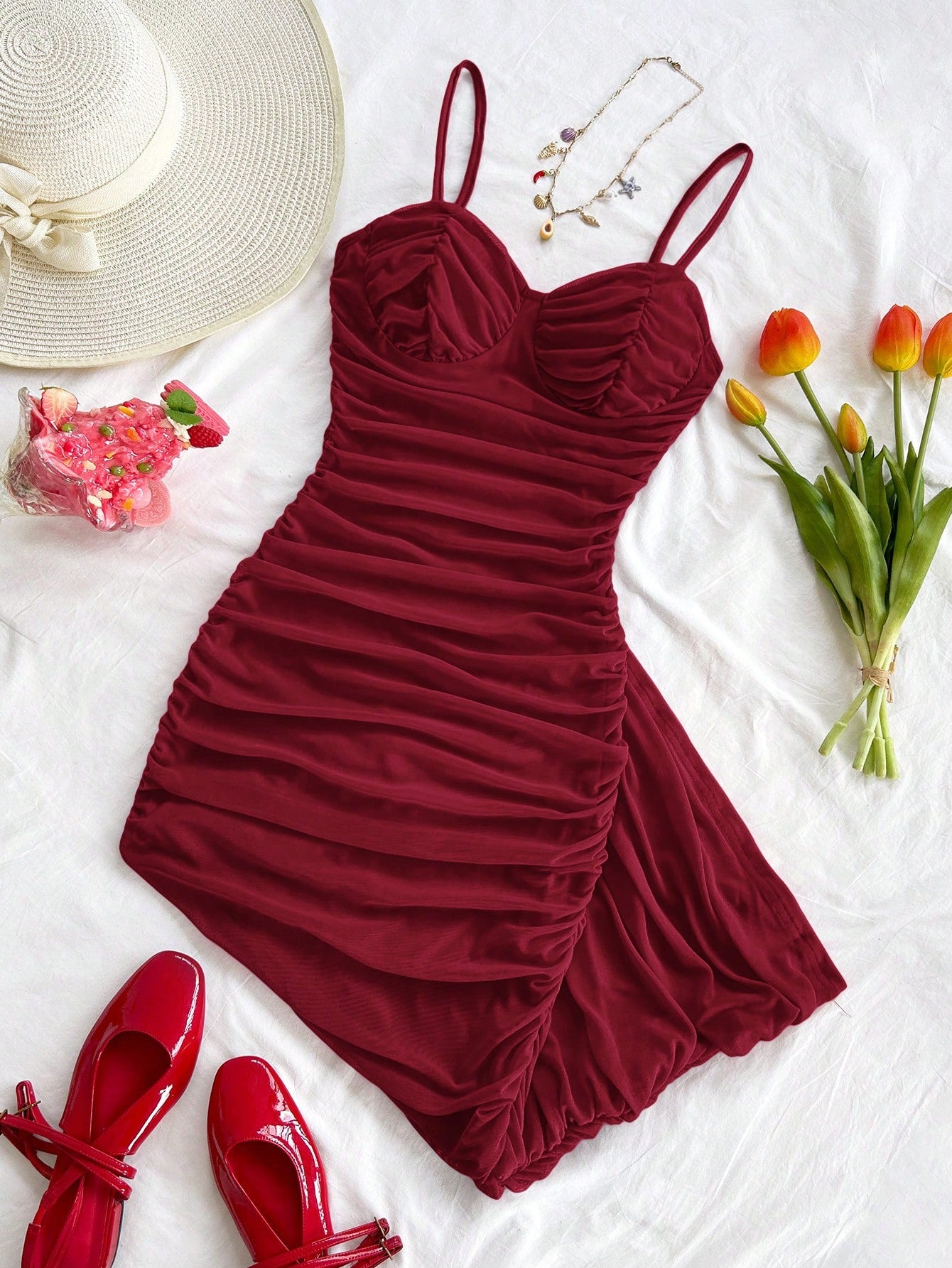 Soleia Sexy Elegant Mesh Ruched Cami Mini Dress, Can Be Worn As Inner Or Outer Layer, Burgundy, Valentine's Day Night Out Bohemian, No Chest Padding