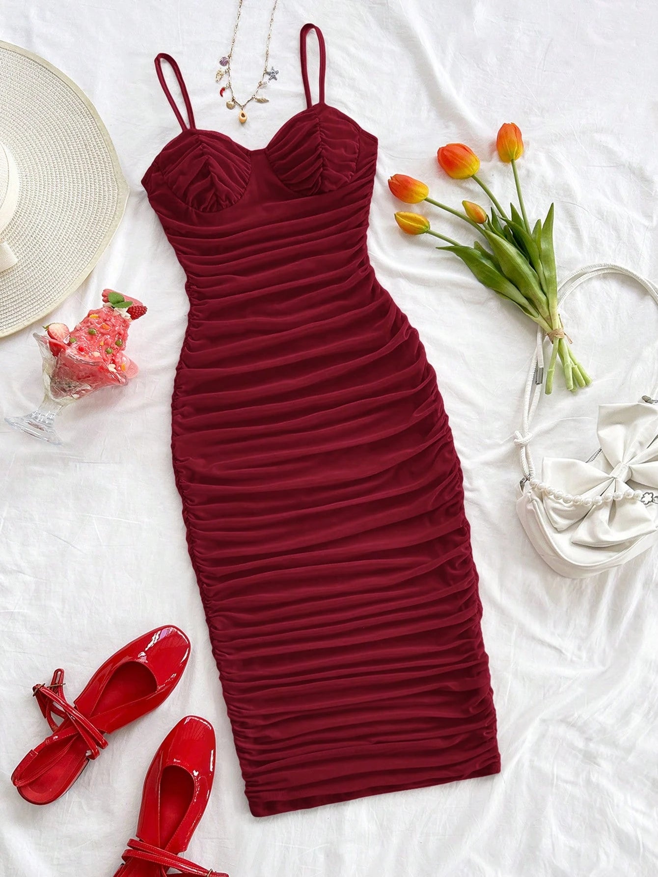 Soleia Sexy Elegant Mesh Ruched Cami Mini Dress, Can Be Worn As Inner Or Outer Layer, Burgundy, Valentine's Day Night Out Bohemian, No Chest Padding