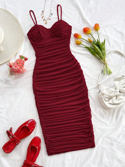 Soleia Sexy Elegant Mesh Ruched Cami Mini Dress, Can Be Worn As Inner Or Outer Layer, Burgundy, Valentine's Day Night Out Bohemian, No Chest Padding