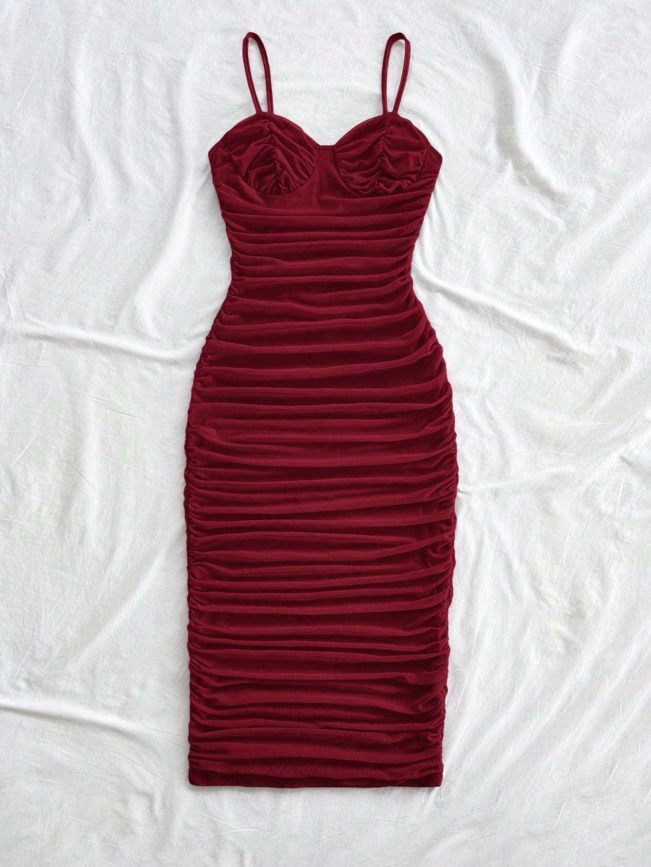Soleia Sexy Elegant Mesh Ruched Cami Mini Dress, Can Be Worn As Inner Or Outer Layer, Burgundy, Valentine's Day Night Out Bohemian, No Chest Padding