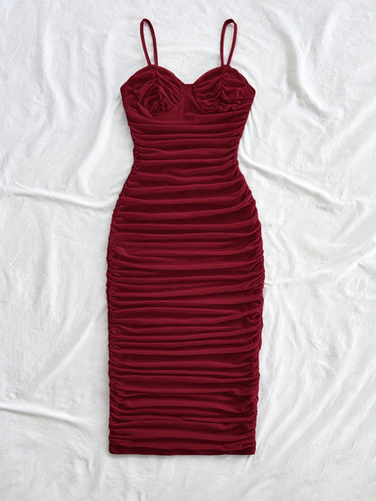 Soleia Sexy Elegant Mesh Ruched Cami Mini Dress, Can Be Worn As Inner Or Outer Layer, Burgundy, Valentine's Day Night Out Bohemian, No Chest Padding